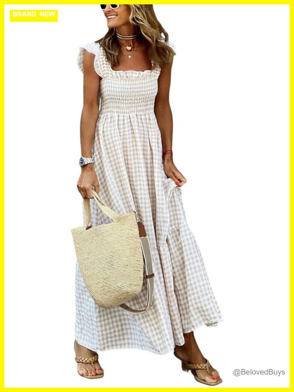 Retro Plaid Smocked Dress Spaghetti Strap Flounce Long Dress